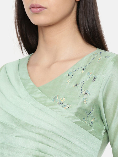 Overlap style green dress with pleat and cut-work embroidery detailing - AS0258 - Asmi Shop
