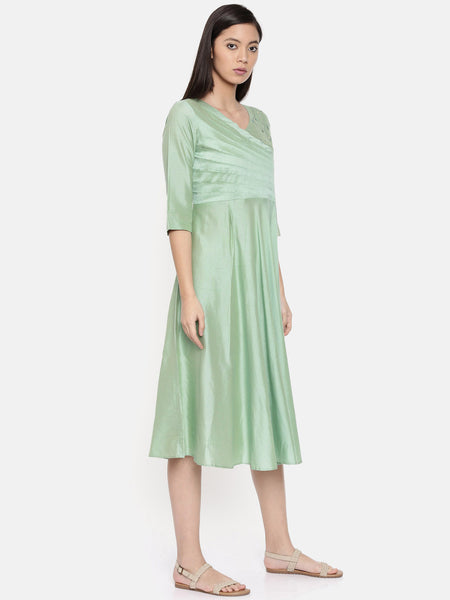 Overlap style green dress with pleat and cut-work embroidery detailing - AS0258 - Asmi Shop