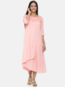 Blush pink, cotton silk embroidered maxi dress with gathers - AS0261 - Asmi Shop