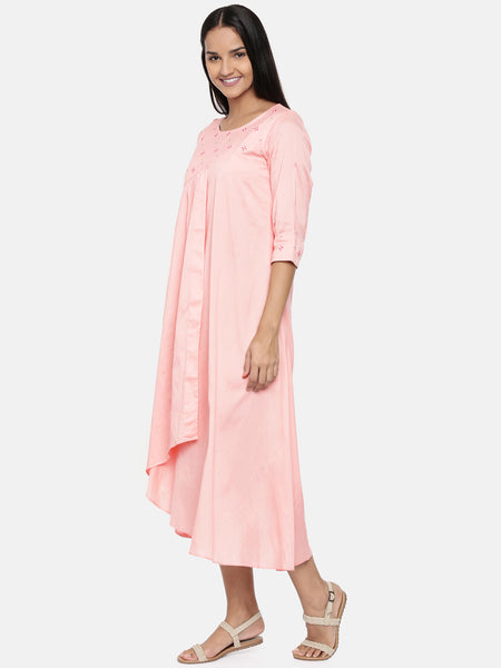Blush pink, cotton silk embroidered maxi dress with gathers - AS0261 - Asmi Shop