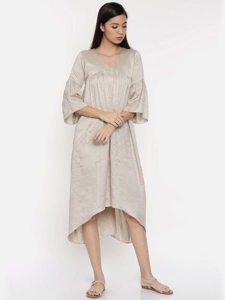Beige assymetric dress with flounce sleeves and  gathers - AS0263 - Asmi Shop