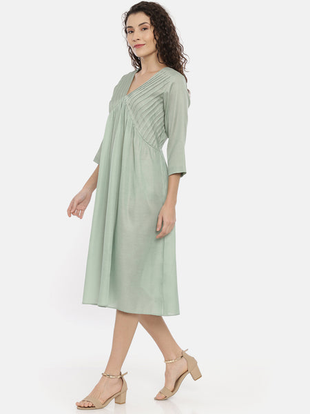 Green Linen Satin Pleated Dress  -  AS0264