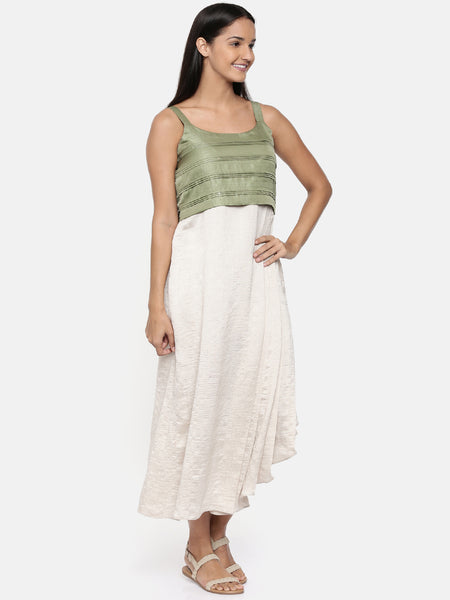 Silver beige/green, cotton silk pleated dress with sequins detailings - AS0265 - Asmi Shop