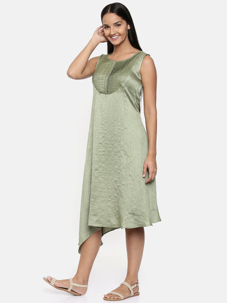 Green, cotton silk dress with pleats detailings - AS0283 - Asmi Shop