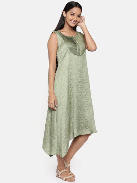 Green, cotton silk dress with pleats detailings - AS0283 - Asmi Shop