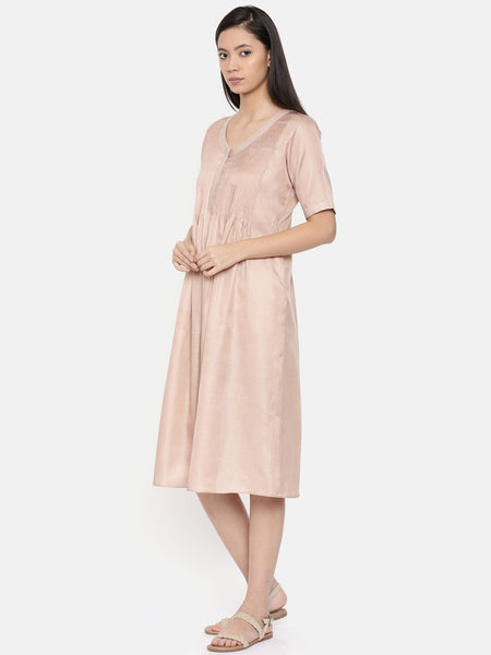 Knee length mauve dress with pin tuck and running stitch detailing - AS0285 - Asmi Shop