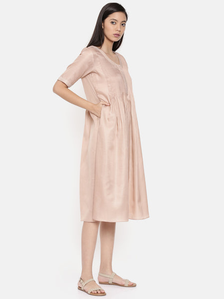 Knee length mauve dress with pin tuck and running stitch detailing - AS0285 - Asmi Shop