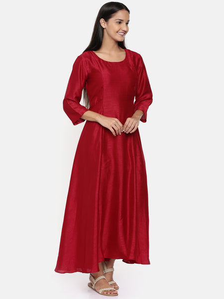 Red cotton silk panelled dress with show potlis - AS0288 - Asmi Shop