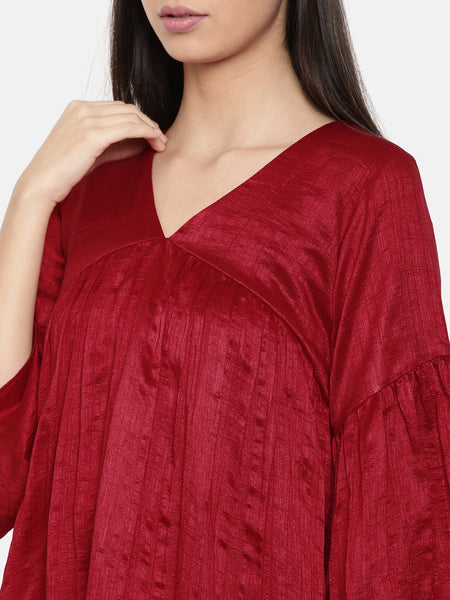 Red assymetric dress with flounce sleeves and gathers  - AS0297 - Asmi Shop