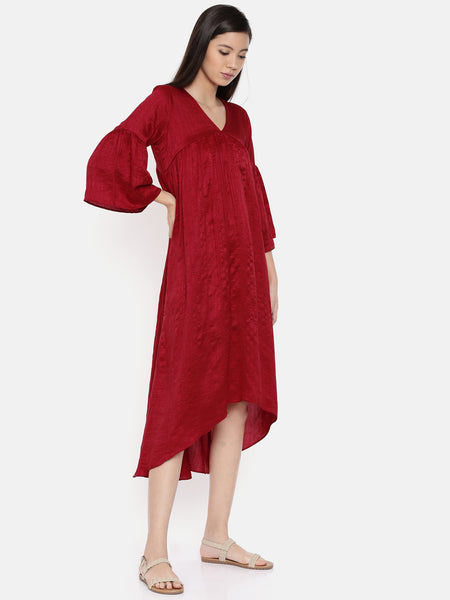Red assymetric dress with flounce sleeves and gathers  - AS0297 - Asmi Shop