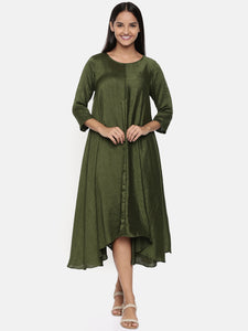 Green cotton silk dress with show potls - AS0304 - Asmi Shop