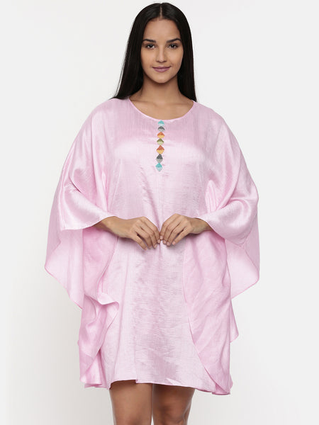 Light pink, cotton silk kaftan dress with knot embroidery - AS0309 - Asmi Shop