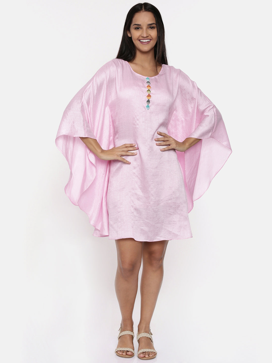 Light pink, cotton silk kaftan dress with knot embroidery - AS0309 - Asmi Shop
