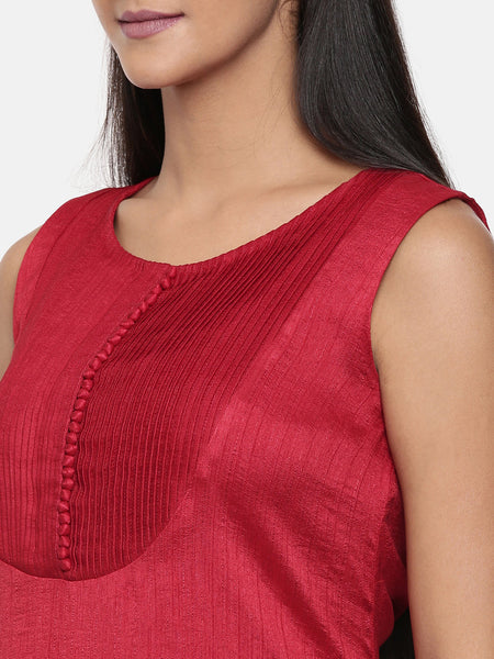 Red, cotton silk dress with pleats detailings - AS0314 - Asmi Shop