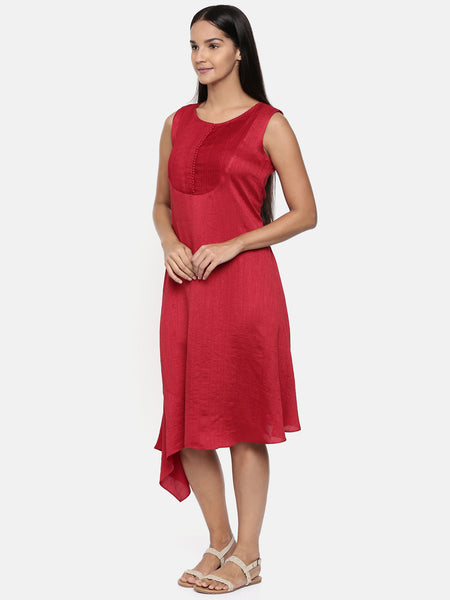 Red, cotton silk dress with pleats detailings - AS0314 - Asmi Shop