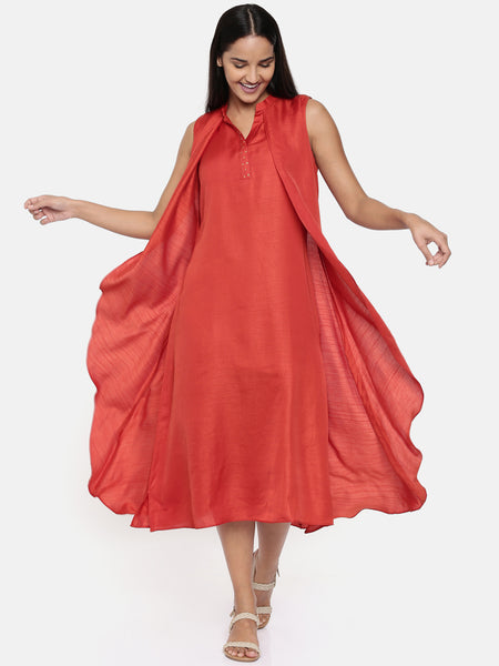 Rust orange cotton silk overlayered dress with sequins detailings - AS0319 - Asmi Shop