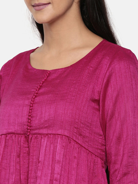 Wine pink cotton silk gathered dress with potli buttons - AS0323 - Asmi Shop