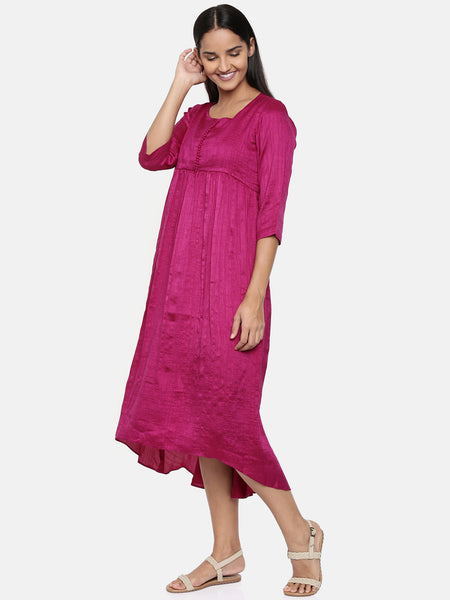 Wine pink cotton silk gathered dress with potli buttons - AS0323 - Asmi Shop