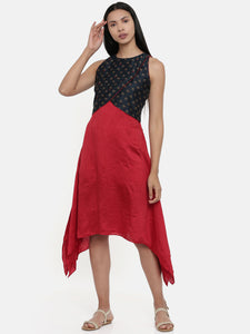 Plain Red and Chanderi,silk slub Asymmetrical dress - AS0324 - Asmi Shop