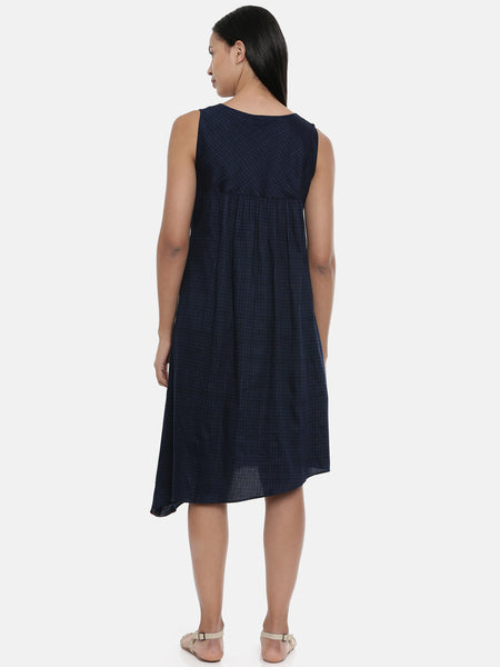 Blue Printed and Checked,Cotton Satin gathered dress - AS0326 - Asmi Shop