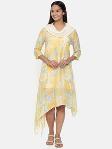 Yellow printed muslin cotton, cowl neck dress  - AS0330 - Asmi Shop