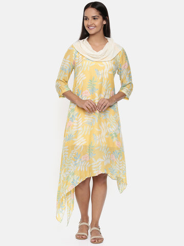 Yellow printed muslin cotton, cowl neck dress  - AS0330 - Asmi Shop