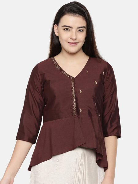 Chocolate brown cotton silk embroidered Dhoti top -  AS0334 - Asmi Shop
