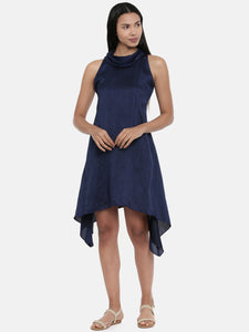 Blue, silk slub zipper cowl dress - AS0341 - Asmi Shop