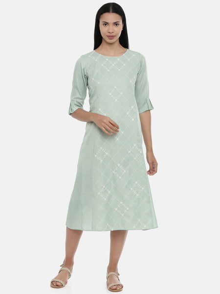 Green,Linen Satin panel cut dress - AS0343 - Asmi Shop