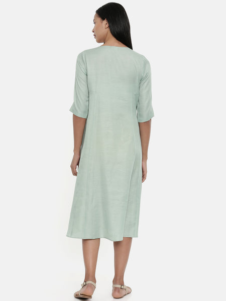 Green,Linen Satin panel cut dress - AS0343 - Asmi Shop