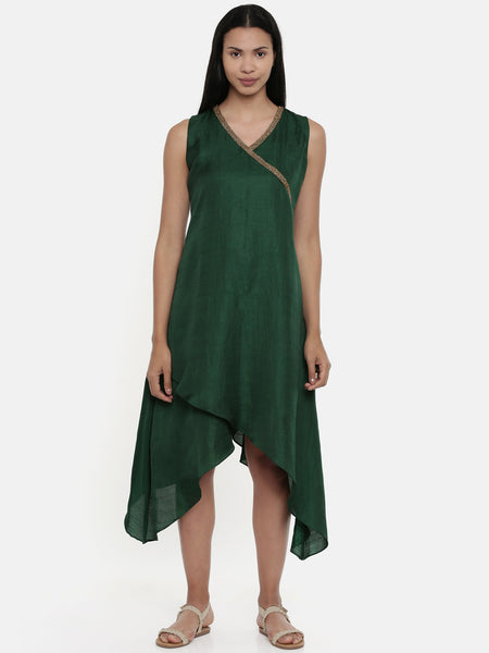 Bottle Green,silk slub layered asymmetrical dress - AS0355 - Asmi Shop