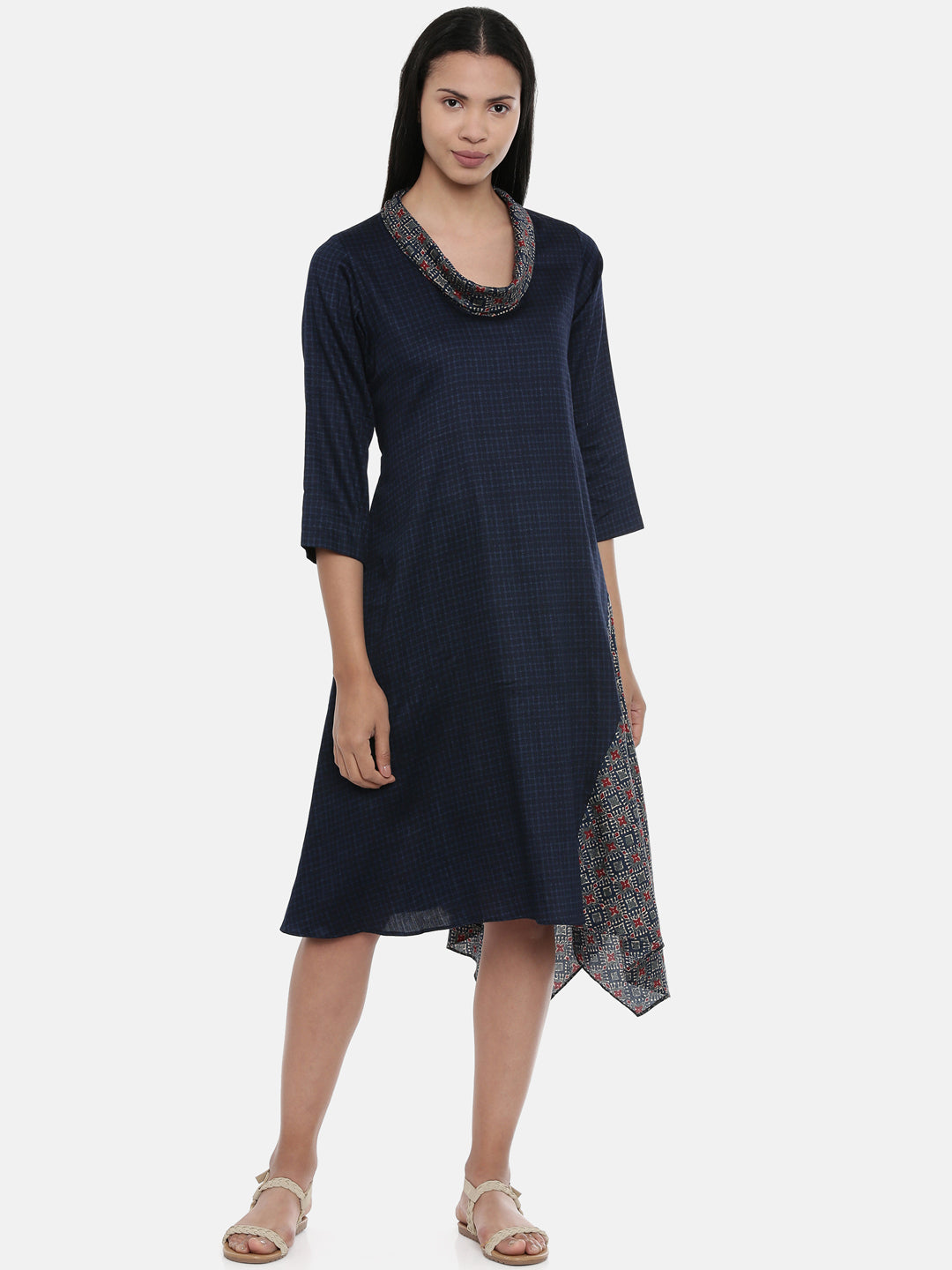 Blue Printed and Checked,Cotton Satin asymmetrical cowl dress - AS0361 - Asmi Shop