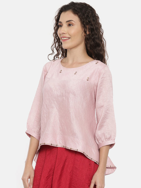 Baby Pink Embroideried Crushed Silk Top   -  AS0367