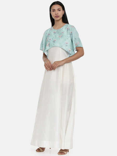 Ivory and Green ,cotton silk and linen, cape gown - AS0370 - Asmi Shop