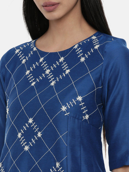Sapphire Blue,Linen Satin panel cut dress - AS0375 - Asmi Shop