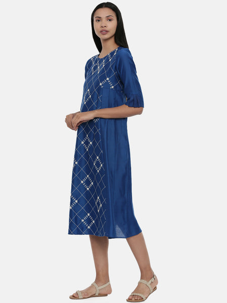 Sapphire Blue,Linen Satin panel cut dress - AS0375 - Asmi Shop