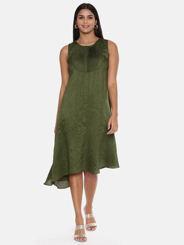 Green Slub Silk Pleated Dress - AS0379