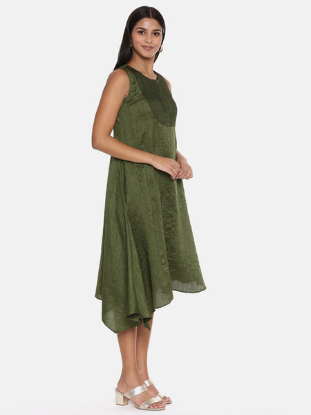 Green Slub Silk Pleated Dress - AS0379