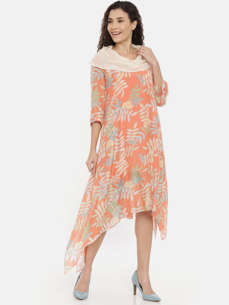 Orange Cotton Asymmetrical Cowl Dress  -  AS0380
