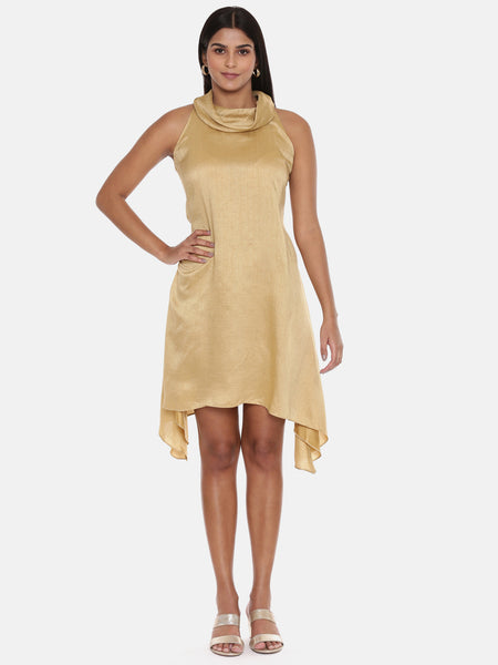 Koul Neck Gold Silk Short Dress - AS0389