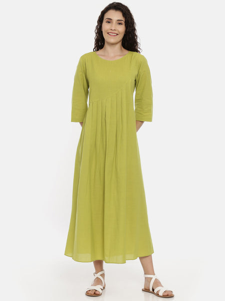Green Cotton Pleated Dress -  AS0401
