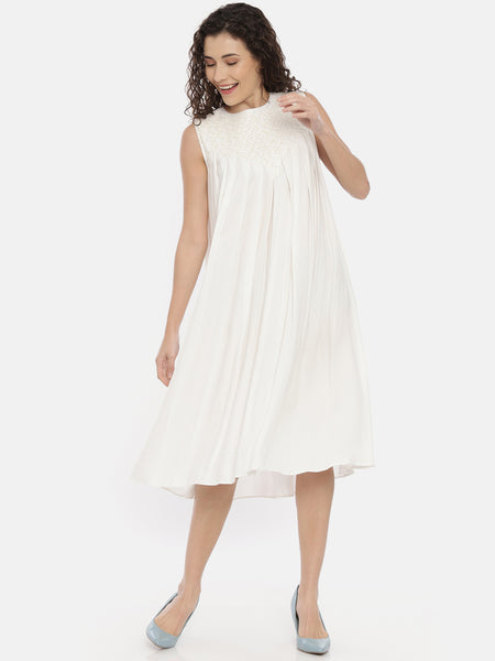 Ivory Cotton Crepe Pleated Dress -  AS0404