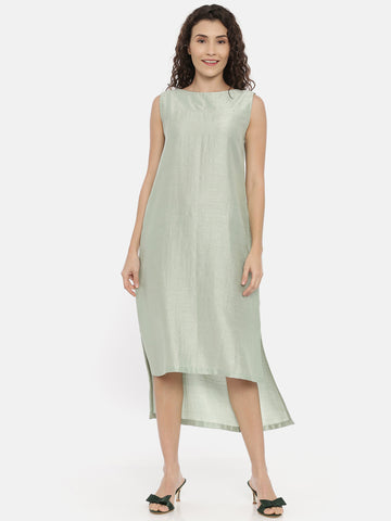 Green Cotton Silk Slub Back Cowl Dress  -  AS0411