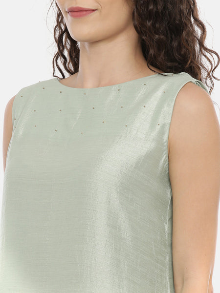 Green Cotton Silk Slub Back Cowl Dress  -  AS0411