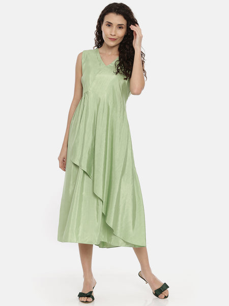 Green Linen Silk Slub Asymmetrical Dress  -  AS0412