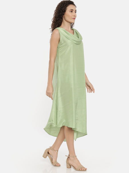 Green Cotton Silk Slub Cowl Dress -  AS0413