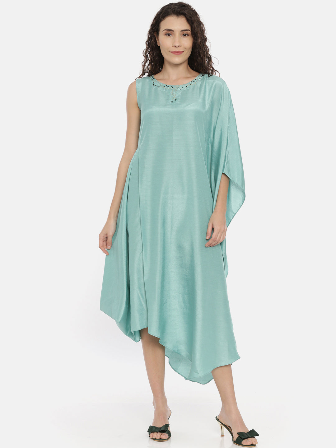 Green Linen Silk Cowl Dress -  AS0418