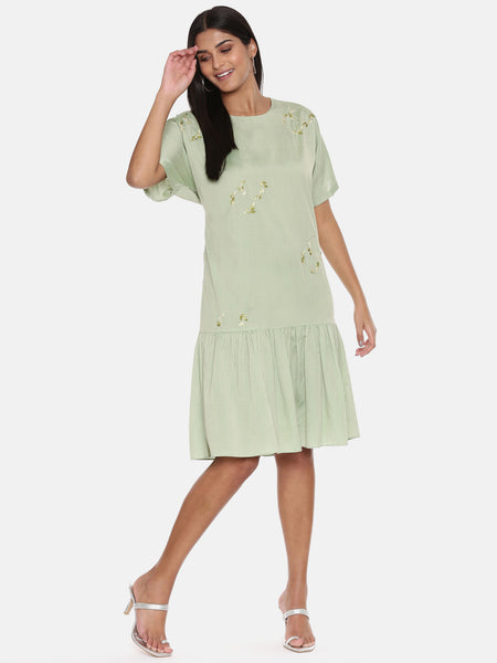 Green Cotton Silk Embroidered Dress - AS0419