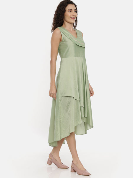 Green Cotton Silk Asymmetrical Dress -  AS0421