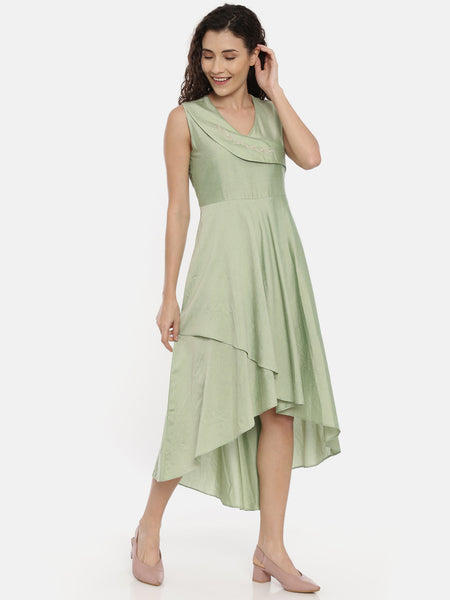 Green Cotton Silk Asymmetrical Dress -  AS0421